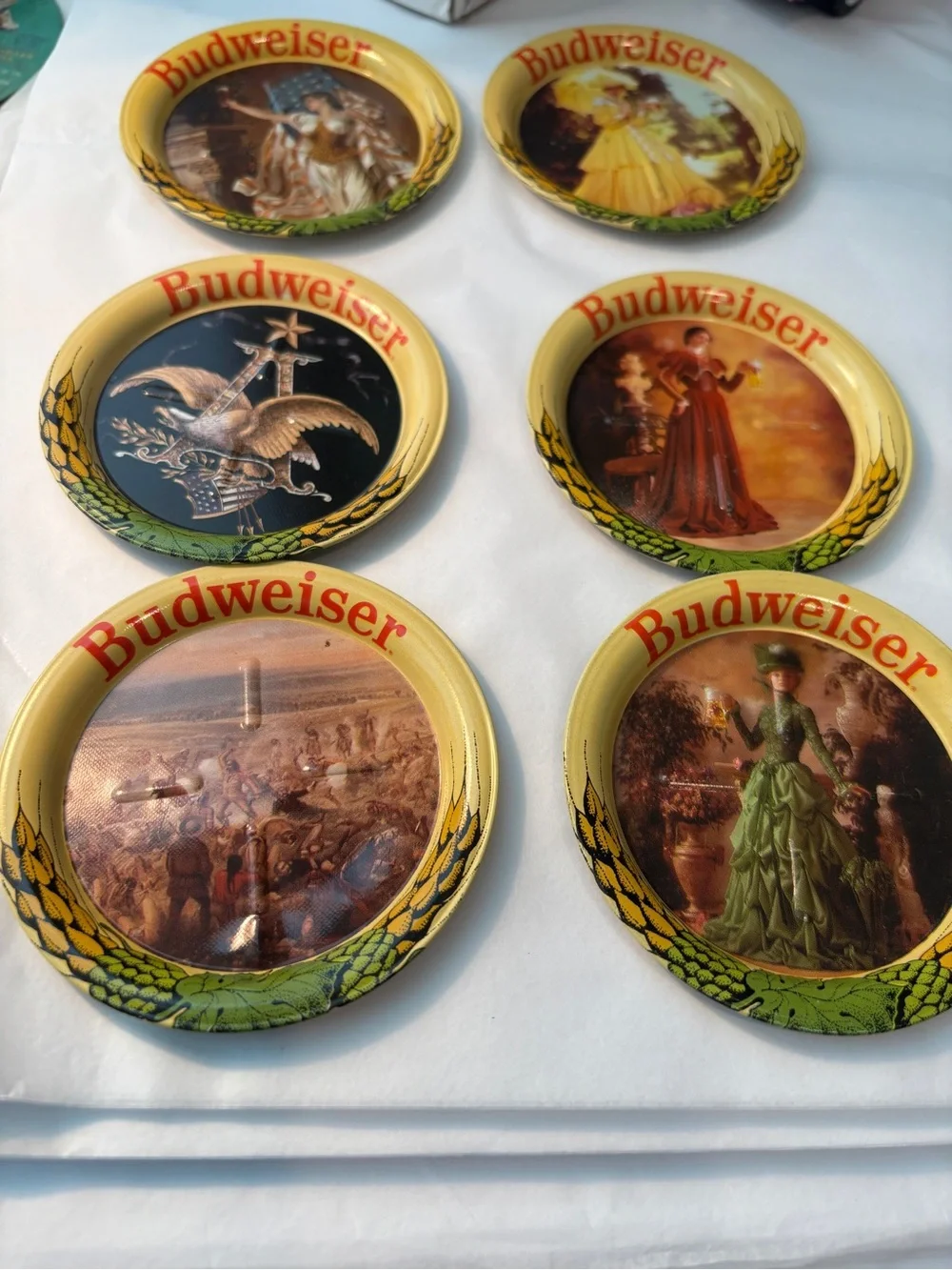 Budweiser Round Coasters with Yellow Rim & Green Coasters Detail